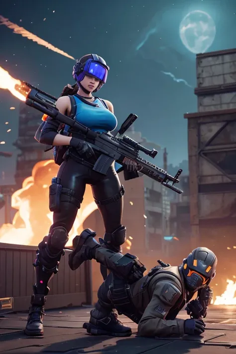 Skin de fortnite,chica sexy , big breasts,big legs, perfect body,Face down  ,War ,in the middle of a confrontation ,He wears a scar and a beak ,Face down ,firing a scarl-L rifle ,mounted on the shoulder of a giant robot ,Titanfall,a steel jaeger with multi...