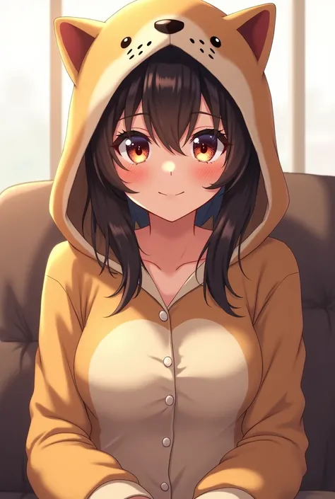 - Adult woman - Older woman - Beautiful woman - Upper body only　 -Hair color is dark brown　- Brown eyes - Hood that covers face and hair　- He&#39;s wearing Shiba Inu pajamas - All the buttons are fastened　 -Sitting on the couch　-Bright room - Smiling face ...