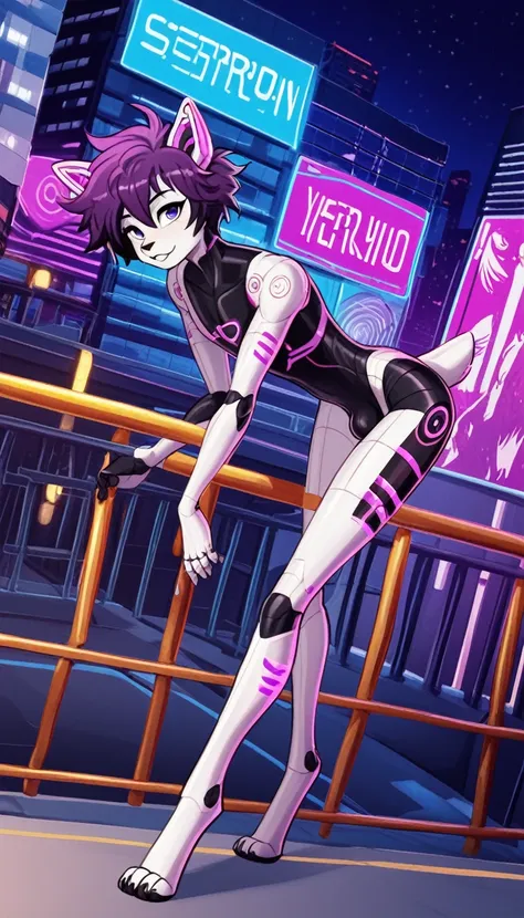 1boy, femboy, fit body, (19 years), anthro, digitigrade legs, thighs, Beecat, white body, short hair, messy hair, (wearing a tron like suit, armor, purple neon) , anime, leaning forward against a railing, crossed legs, cyber aesthetic, cyber futuristic cit...