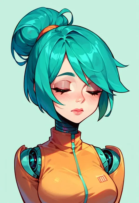 A turquoise-haired, human-faced robot is on display., Stand up with your eyes closed