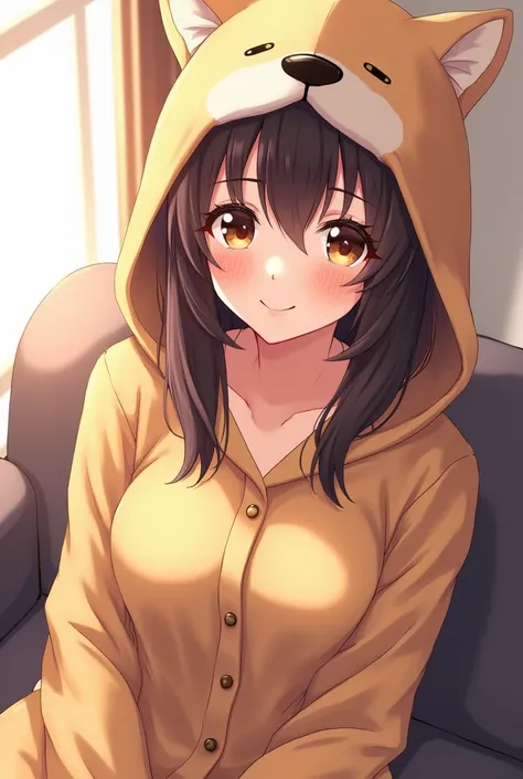 - Adult woman - Older woman - Beautiful woman - Upper body only　 -Hair color is dark brown　- Brown eyes - Hood that covers face and hair　- He&#39;s wearing Shiba Inu pajamas - All the buttons are fastened　 -Sitting on the couch　-Bright room - Smiling face ...