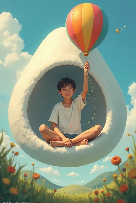 a young man sitting in white mushroom, grab a balloon