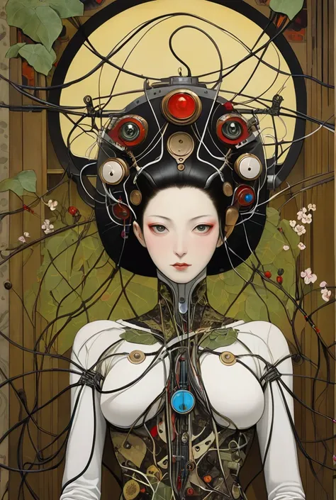 collage painting, many robot geishas, wires, buttons, circuits, vines, twigs, nature, science, dramatic, sexy, romanticism, neo-classical, experimentalism, baroque, impressionism, expressionism, unexplained beauty, avant garde, art deco, art nouveau, scien...