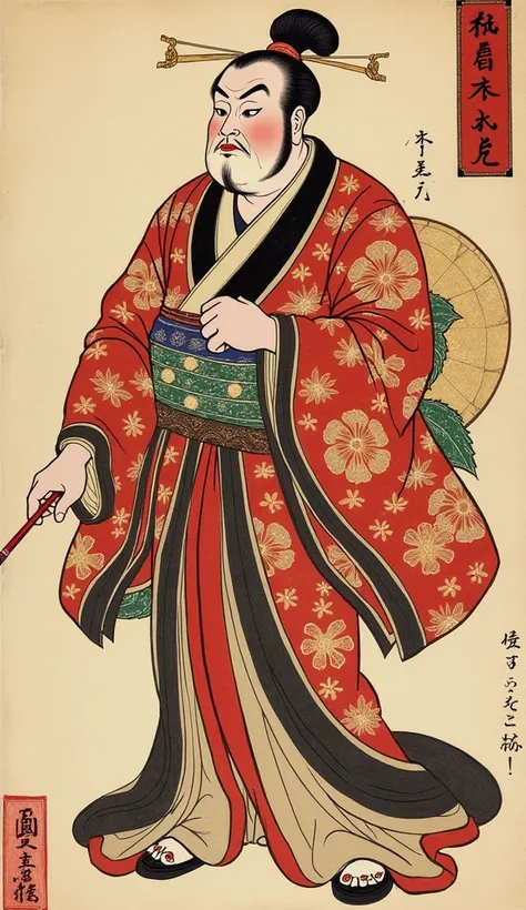  Ukiyo-e type painting, Japanese ancient woodblock print, vermilion stamp, sigh, full-body, イ－ロンマスク　CEO、 dressed as a Kabuki actor