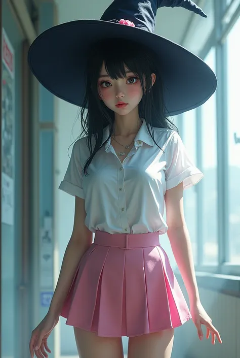 Beautiful japanese high school girl, wearing a witch hat, wearing a short pink skirt, long legs, athletic, wet skin, uniforme blouse, realistic