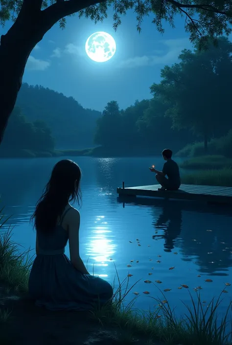 A woman kneeling near a pond with a small dock at the crest of night, the moonlight glistening off the lake revealing the small creatures in the water who were waiting to see what the woman would do. From the point of view of a man leaning against a tree a...