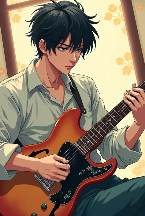 I&#39;d like to draw an anime of a man playing a guitar, in Japanese style.