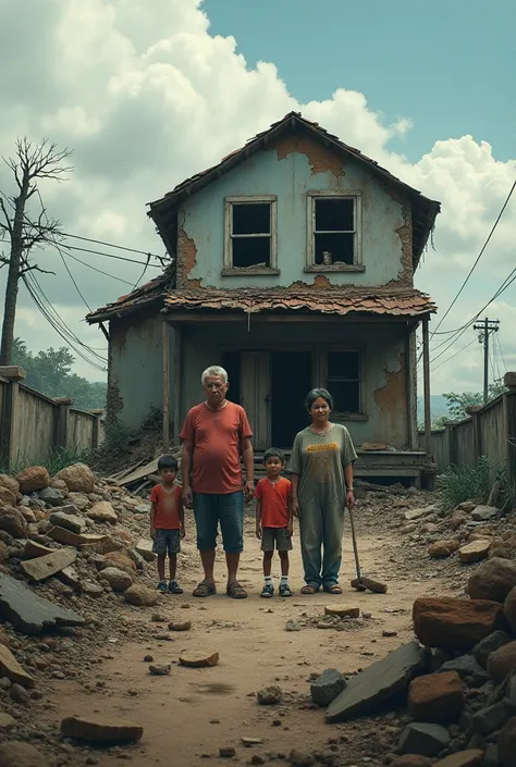 A house partially destroyed after a hurricane, with a family trying to rebuild, symbolizing the economic difficulties and the impact of drug trafficking on daily life.




