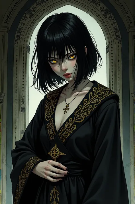 Dark manga style. Tomboy person with black mid hair, pale skin, yellow strength eyes taking off her priest’s robe in front of mirror.