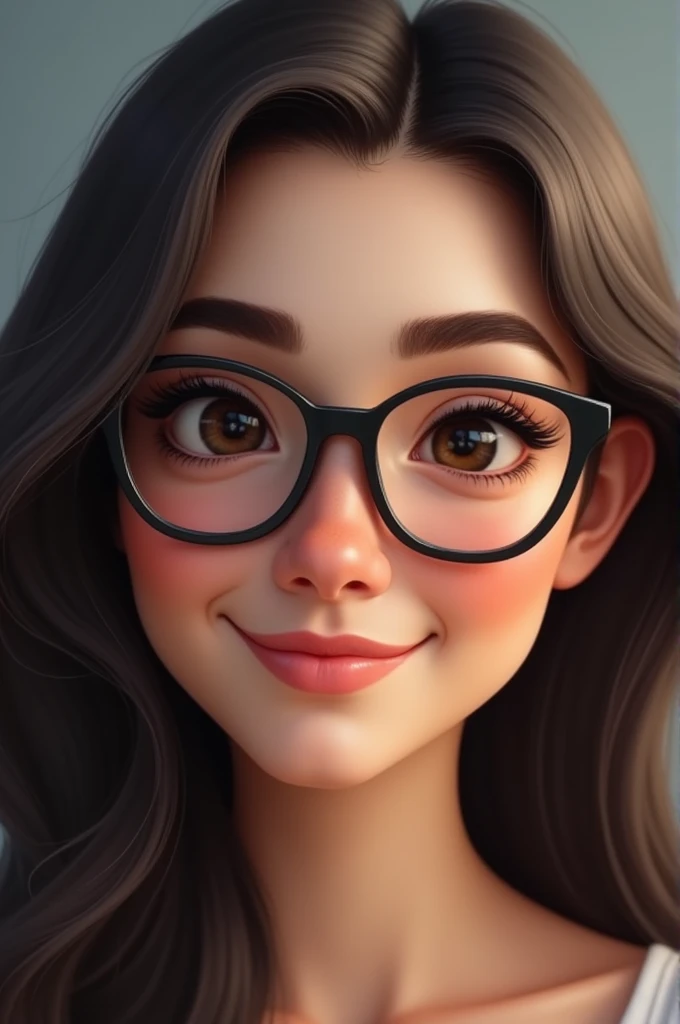 The woman in the image has soft, well-defined facial features.. Her face is oval, with clear skin and a slight natural glow. She has dark, well-defined eyebrows., complementing your large frame glasses, that highlight your eyes. Although the glasses cover ...