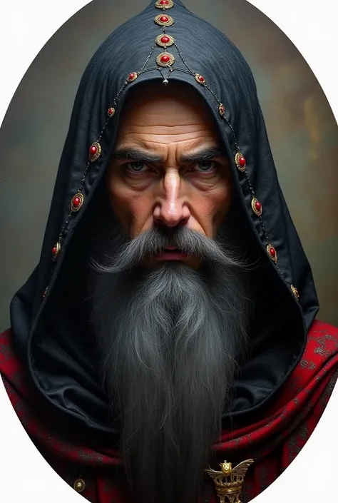 wizard magic background, Dark pulp, hood wearing black and red bead threads with gold, long black beard deep look, platinum hair. oil painting round shape.