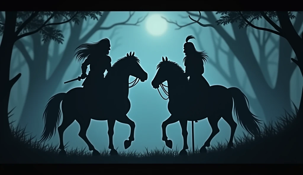 Generate 3d animated image of a indian mahabaratha worrier little long hair on horse with low beard killing a indian king standing beside him in the night time in the forest , shadow type image sealout