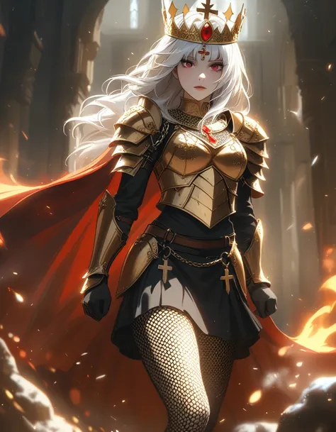 ((female crusader, royal crown of gold and red, roman catholic inspired armor, bishop-inspired skirt, deep red eyes, snow white ...