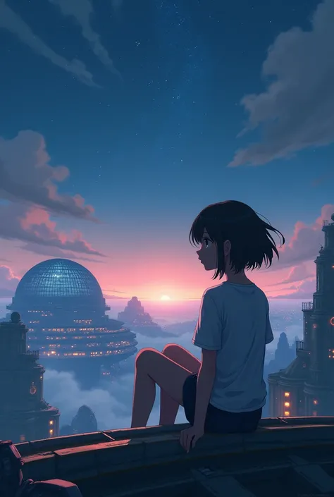 best quality, masterpiece, extremely detailed, detailed background, anime, 1girl, young girl, short girl, sci-fi, science fiction, outdoors, night, starry sky, greenhouse, megastructure, bio-dome, landscape, scenery, horizon, rooftop, sitting on rooftop, w...