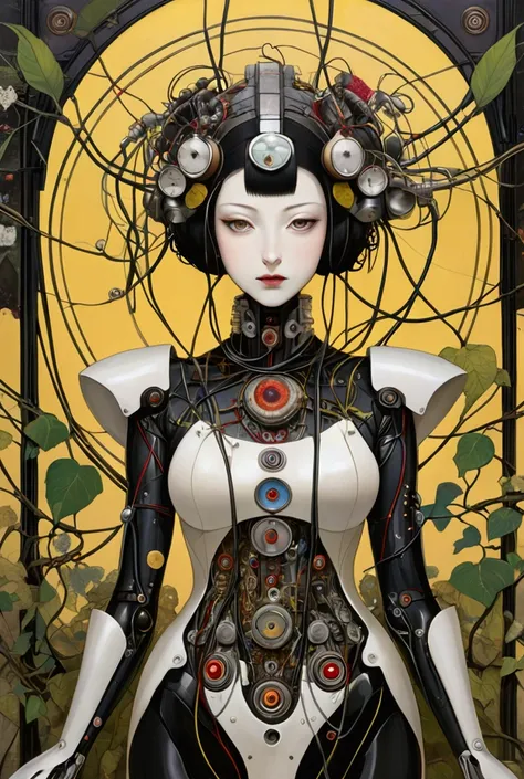 collage painting, many robot geishas, wires, buttons, circuits, vines, twigs, nature, science, dramatic, sexy, romanticism, cyberpunk, neo-classical, experimentalism, baroque, impressionism, expressionism, unexplained beauty, avant garde, art deco, art nou...