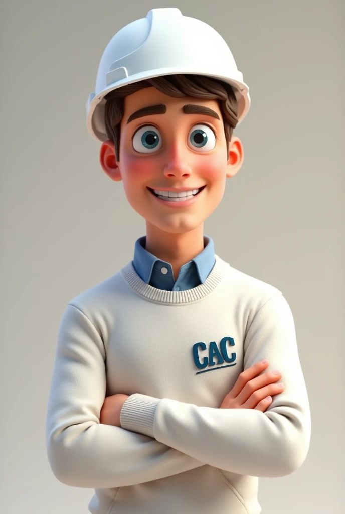 Animated male civil engineer who is not skinny but not fat either with a white helmet and a white sweater with the CAC initials logo and light blue eyes, chocolate colored hair looking straight ahead smiling not scared 