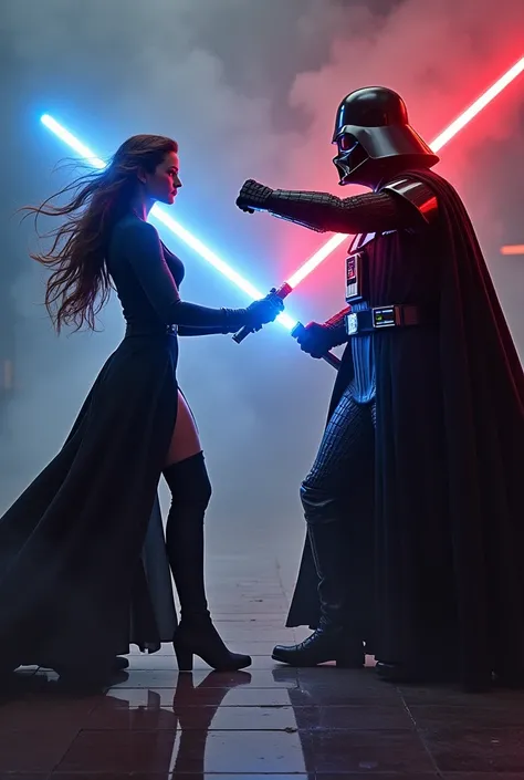 Natalie Portman as Padme with a blue lightsaber dueling Darth Vader with a red lightsaber, thick_thighs, thigh_thigh_highs, messy_hair, long_hair, thigh_boots, long_skirt, leggings