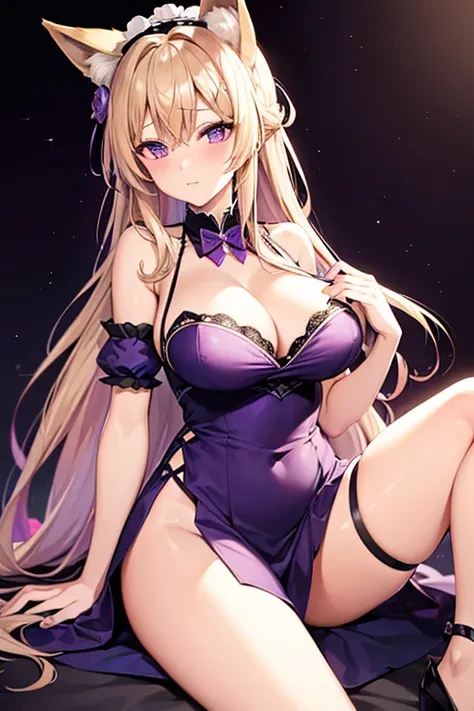 waifu milf, blonde hair with violet eyes, high resolution, with a maid dress,fox ears, with a x hair clip, with neon purple lock...