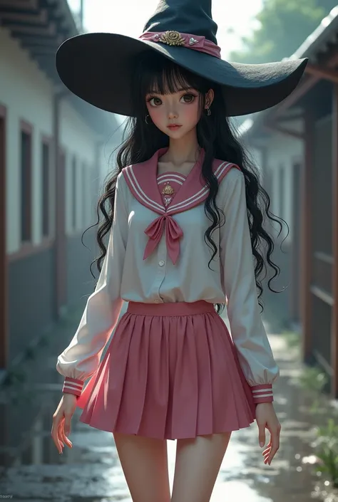 Beautiful japanese high school girl, wearing a witch hat, wearing a short pink skirt with white strips, long legs, athletic, wet skin, uniforme blouse, realistic