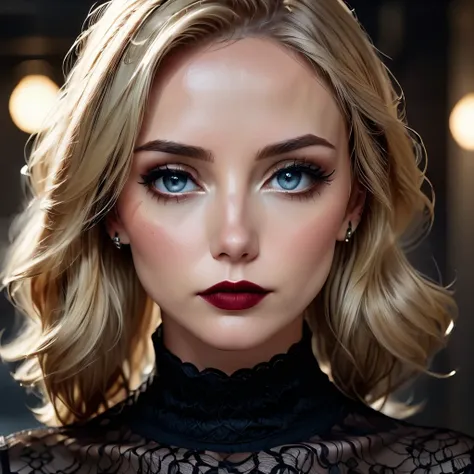 a beautiful blonde woman, close-up portrait, detailed eyes, eyeliner, dark red lipstick, black lace turtleneck dress, tack sharp focus on eyes, cinematic film still, dark atmosphere, (best quality,4k,8k,highres,masterpiece:1.2),ultra-detailed,(realistic,ph...