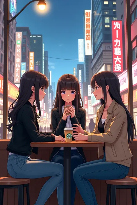 Anime super realistic masterpiece detailed best piece ever 3 girls in street having coffee of Starbuck wearing top and jeans wid  black or blue or beige jacket epic realism very realistic anime effect 