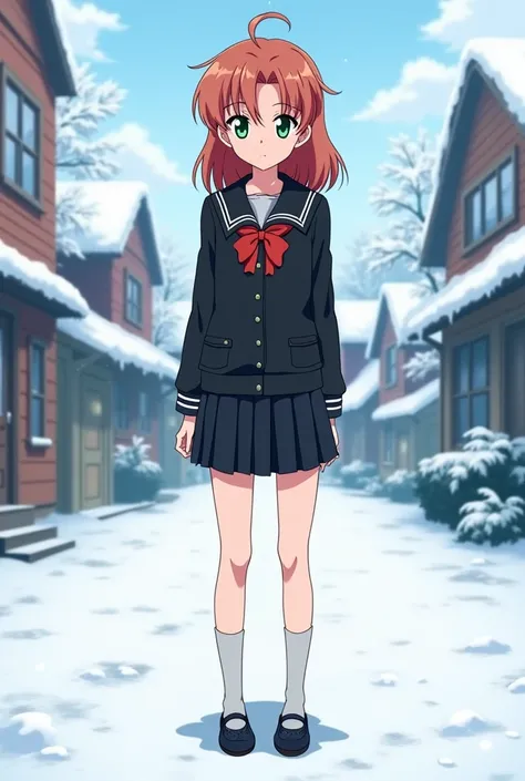 Sakura card captors anime with  black tomoeda winter uniform with black mary janes