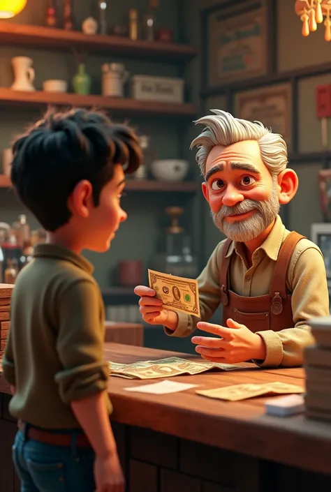 A shopkeeper stands behind a cluttered counter, eyeing the torn banknote with a skeptical but slightly amused expression. The interaction between the two is lighthearted but cautious."
Generate in cinematic 3D cartoon style 