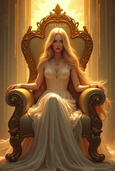 a girl sitting on gold chair with gold hair. named Astraia on her at the back 