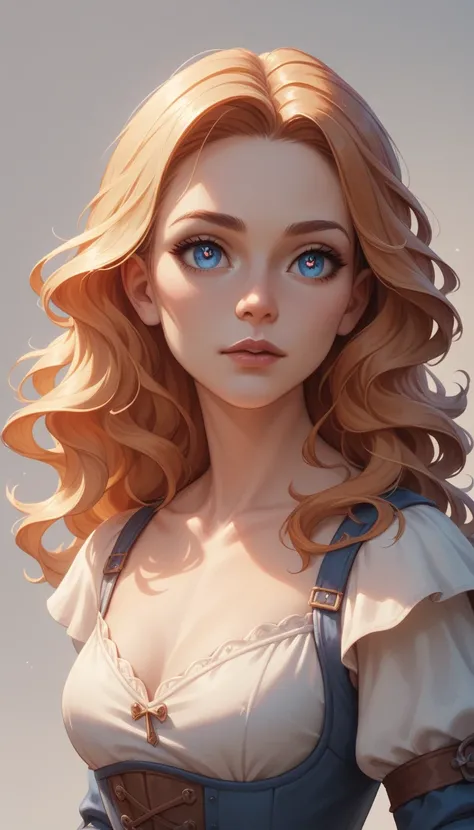 waist-length portrait, Best quality, masterpiece, contrasting light, best light and shadows, rich colors of the image, 2D illustration, empty background, front view, light-colored clothing in medieval fantasy style, female character, young character, slend...