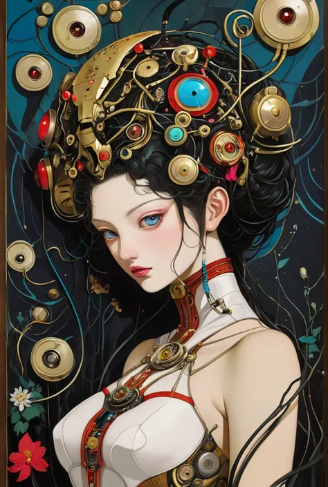 collage painting, many robot geishas, wires, buttons, circuits, vines, twigs, nature, science, dramatic, sexy, romanticism, cyberpunk, neo-classical, experimentalism, baroque, impressionism, expressionism, unexplained beauty, avant garde, art deco, art nou...