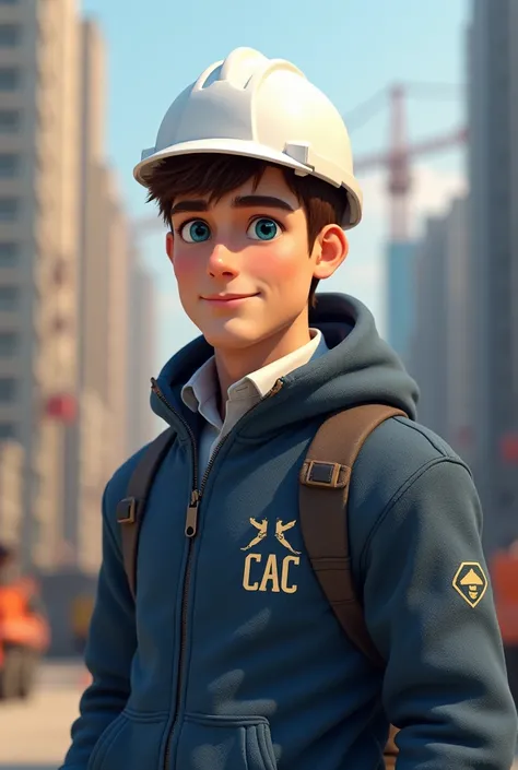 Civil engineer, male, not skinny but not fat either, with a white helmet, a white sweater with the CAC initials logo, light blue eyes, chocolate colored hair looking straight ahead smiling not scared 