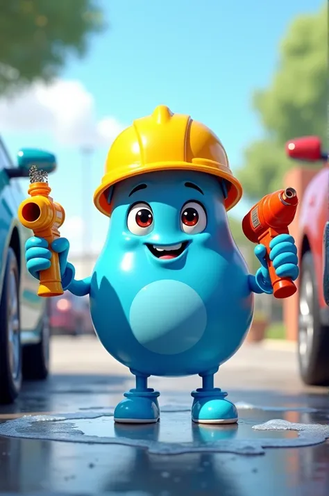 Cartoon character of a water drop wearing a yellow safety helmet holding a water gun to wash a car.