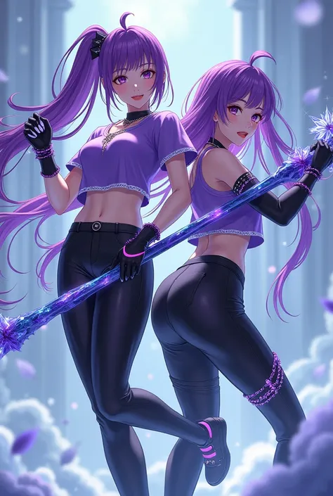 (anime)A beautiful 2 woman with bright purple hair wearing a purple t-shirt with icing details on the tips,and with black pants with ice purple details,and with a black shoe with shiny purple details,and also wearing black gloves with bright purple ice det...