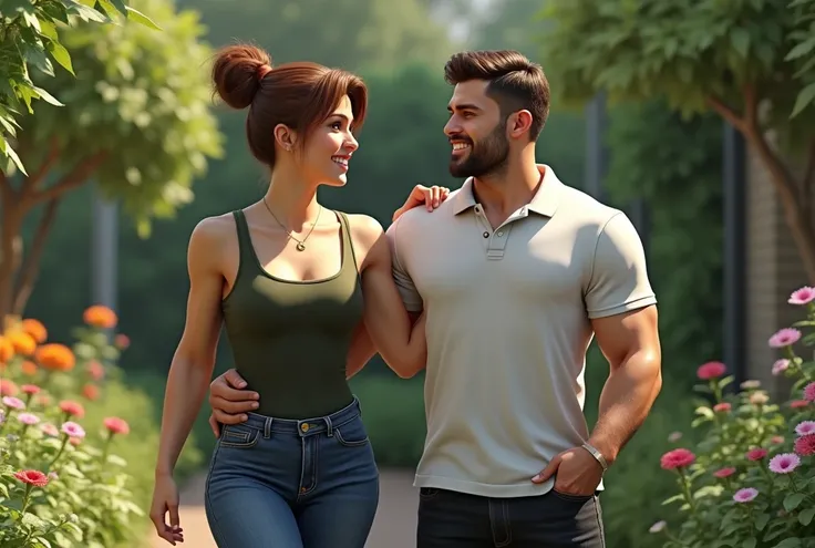 realistic, photorealistc, two people, Paula and RIchard, (Paula is a very fit and very muscular 30 year old woman, a bodybuilder, light skin tone, light brown hair set in a small bun and dark green eyes. Paula wears a tight dark green tanktop, tight blue d...