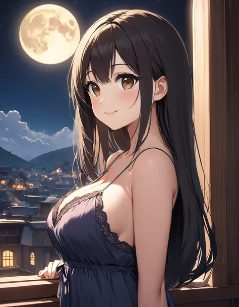 4k, bestquality, detailed, detailed scenery, detailed eyes, 1Girl, cute, adorable, straight hair, long hair, black hair, brown eyes, cleavage, smiling, looking at the camera, standing, Looking out the window, there is a one big full moon in the sky, Neglig...