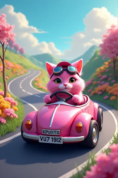 A pink cat is driving a pink car on the road.