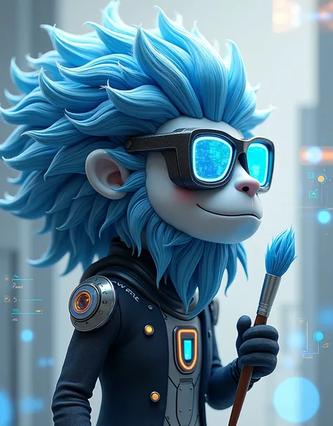 Create a character for a technology company, depicting a genius inventor. embodies a futuristic, anthropomorphized giant paintbrush.This character with a unique skin texture featuring patterns generated by complex algorithms.His mane is composed of paintbr...