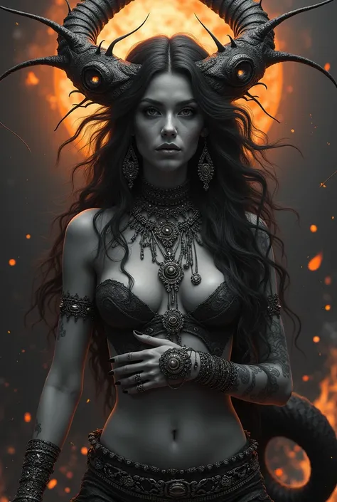 beautiful gypsy with long hair, jewelry on the body, a fiery dark creature on a black background, a burning world, an intricate fractal, 3D, horror, spectacular, surrealism, drawing of details, threads, sparks, intricate , professional photo, incredibly be...