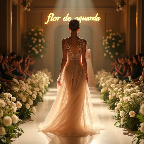 "A luxury fashion show set in a grand historical venue, with models walking down the runway in long floral dresses. The dresses are made from rich, flowing fabrics with detailed floral embroidery and gold accents. The runway is adorned with white roses and...