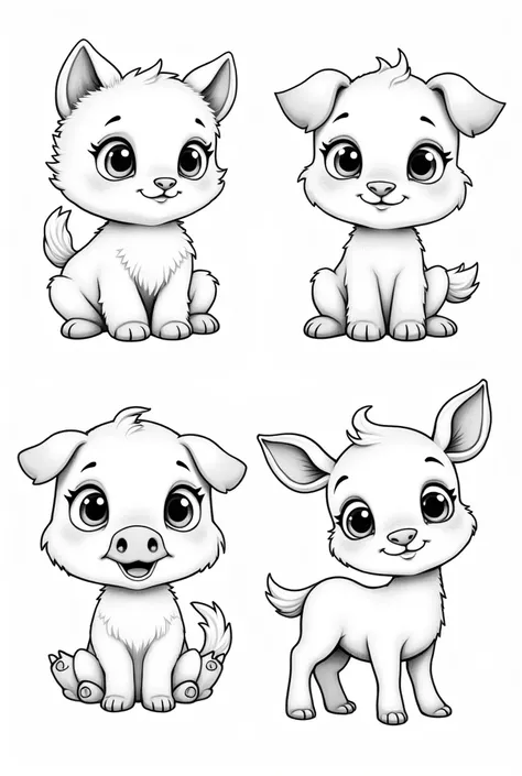 Hello pretend you have been making coloring books for kids for 15 years. use the idea to create baby animals with enormous-sized eyes. please make the 5 animals you pick different from the other and draw in a 
line drawing for a coloring book