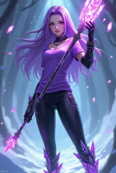 (anime)A beautiful woman with bright purple hair wearing a purple t-shirt with icy details on the tips,and with black pants with ice purple details,and with a black shoe with shiny purple details,and also wearing black gloves with bright purple ice details...