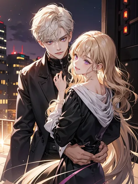 couple, the girl long black hair and red eyes, boy with purple eyes. wavy short cream beige hair. cool, and handsome. he thin. he handsome. his hair wavy with side-parted hair. wear black jacket. Background in city. careful, happy. he looks happy. short ha...