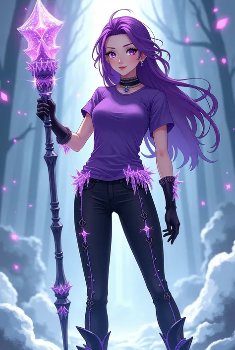 (anime)A beautiful woman with bright purple hair wearing a purple t-shirt with icy details on the tips,and with black pants with ice purple details,and with a black shoe with shiny purple details,and also wearing black gloves with bright purple ice details...