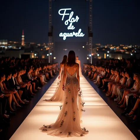 "A nighttime fashion show featuring models wearing luxurious long floral gowns. The dresses are made from high-end fabrics, decorated with delicate floral appliques and flowing trains. The runway is illuminated by soft spotlights, with a dramatic backdrop ...