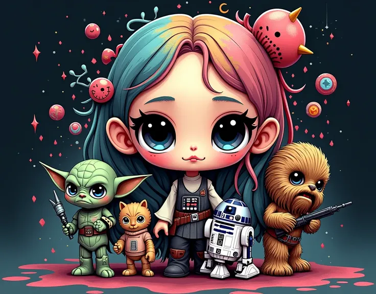 Generate a chibi doll, Multicolor, polychromatic, Abstract, with Star Wars characters (Luke Skywalker, darth vader, Yoda, Han Solo, Chewbacca, C3PO and R2D2), all on a dark background