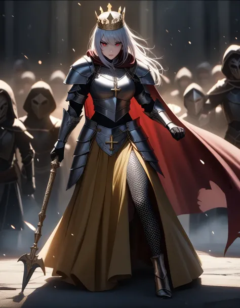 ((Female crusader, full body angle, royal crown of gold and red, Roman Catholic inspired armor, bishop-inspired crown, deep red eyes, snow white hair, Lammellar armor, gold and iron details, iron with glowing ruby, chain mail, long skirt, battle maiden)), ...