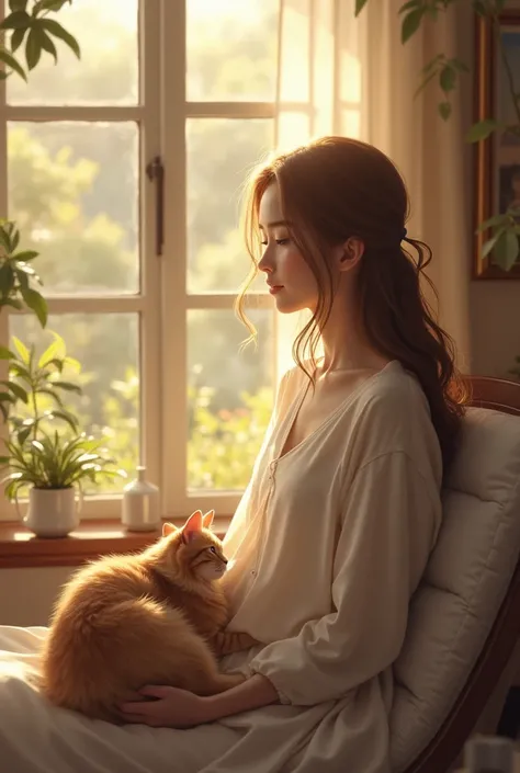 Create image of an young woman with light brown hair. She sits by a sunlit window. A beautiful long-haired cat lies contently on her lap.
