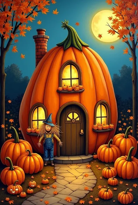  A round vibrant whimsical pumpkin house with cozy windows glowing with warm light, surrounded by smaller pumpkins with quirky expressions and fallen leaves in vibrant autumn colors, with the moon peeking out from behind, and a friendly scarecrow in the fr...