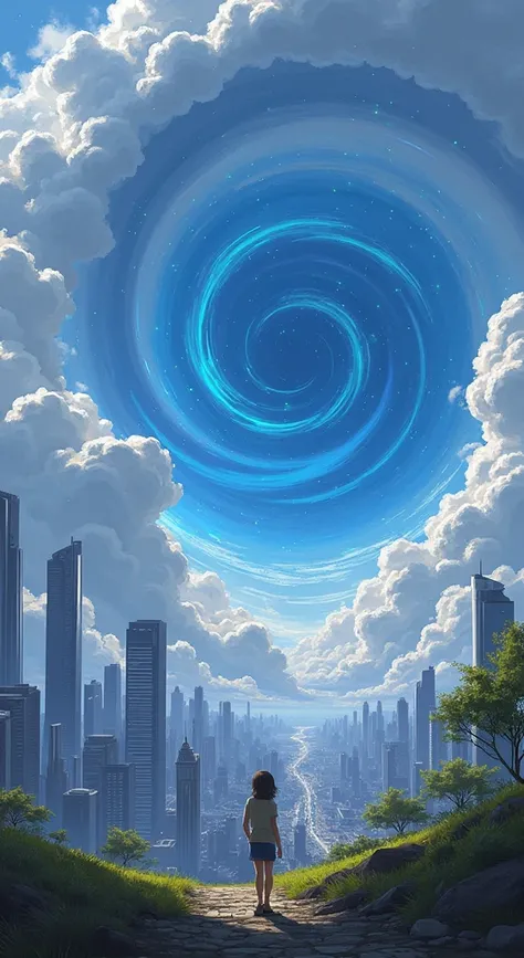 Create a high-resolution image of a futuristic cityscape beneath a vast sky filled with towering, swirling clouds. In the center of the sky, a glowing blue vortex forms, radiating with mystical light. The scene is enhanced by soft, twinkling sparkles float...