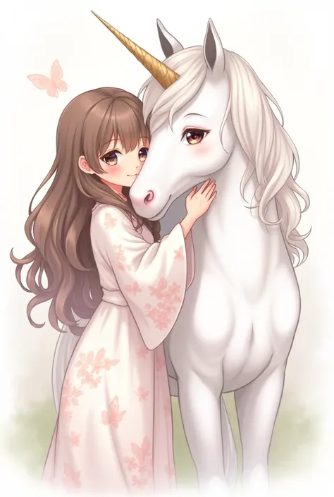 There is a brown haired , longos e ondulados, hugging, a unicorn, cute detailed digital art, cute art style, fantasy style, children&#39;s anime fantasy illustration, Soft anime illustration, a beautiful art illustration, white wallpaper illustration, whit...